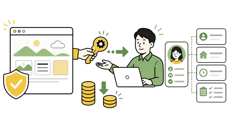 現在のホームページを維持したまま保守運用を引き継ぎ、費用を下げながら顧客対応の管理機能を追加する様子