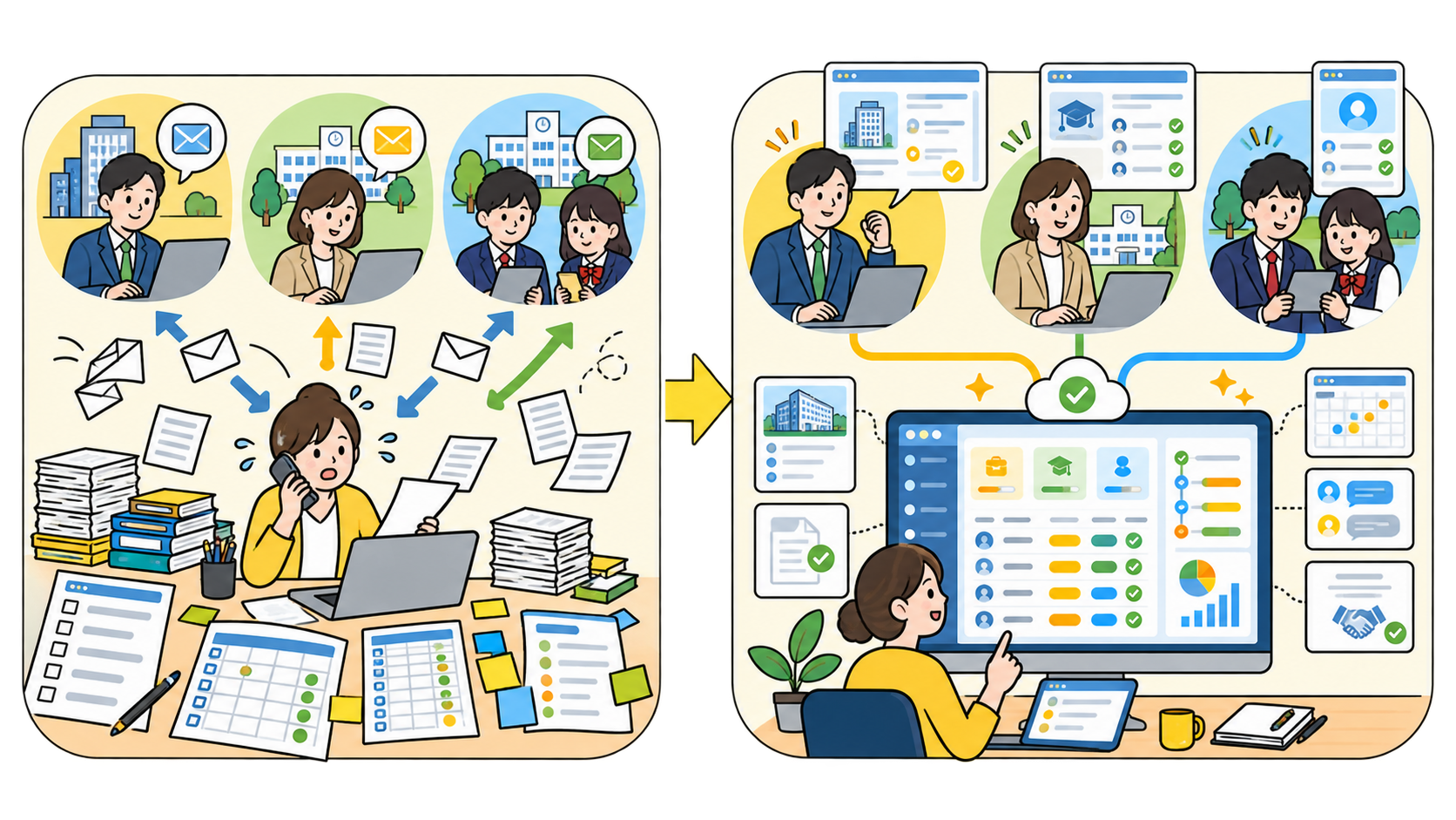 企業・学校・学生をつなぐ運用基盤を構築の導入前と導入後を比較した業務フロー図